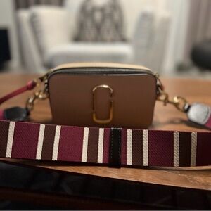 Marc Jacobs Beige Snapshot Camera Bag with Burgundy & Cream Striped Strap